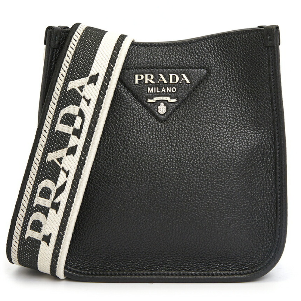 Prada a with bag woven print leather strap shoulder logo black